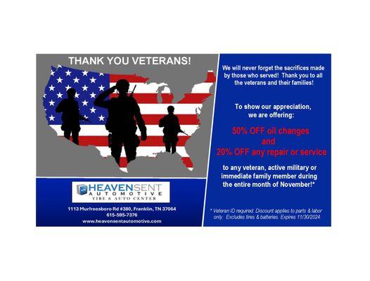 THANK YOU VETERANS!
 (Cannot be combined with any other offers.  
 "Package-Priced" items will be eligible for an additional 10% off)