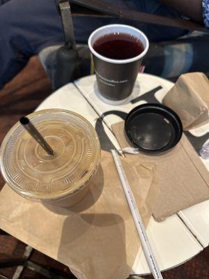 Superfruit tea (top) and iced decaf latte w/ lavender (bottom)