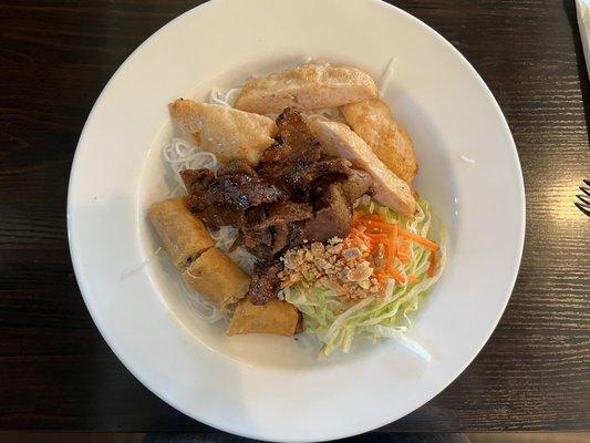 BBQ beef, egg rolls & shrimps on Vermicelli! Portion is so small but only $12.99