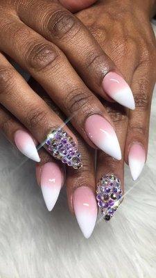 Pink & White Acrylic Ombre Sassy Shape Full Set & 2 Full Bling Nails.