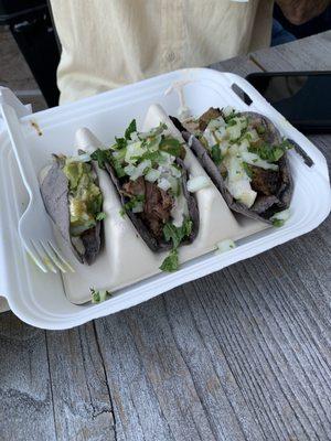 3 tacos. Barbacoa (what?! Out of pineapple?!), chicken, & tri-tip. Good, but not appetizing to look at (no color & they all look the same).