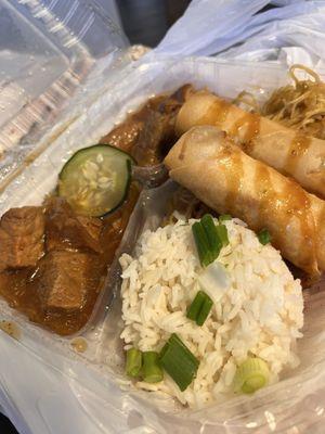 Combo plate pork adobo, rice, beef lumpia and pansit