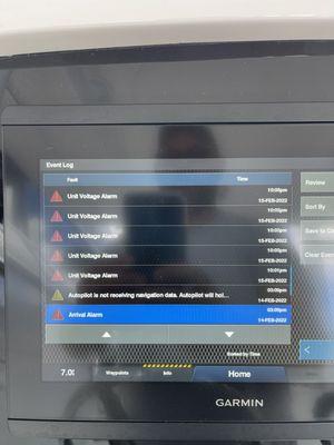 Arrival alarm shows autopilot functioning correctly on Feb 14th at drop-off to KMC, at approx 3pm. Voltage alarms start at 10pm Feb 15th