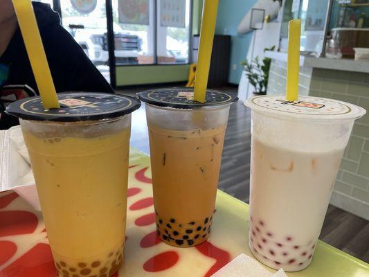 Thai tea, vanilla, and mango with boba.