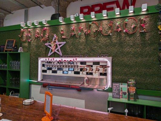 A view of the bar with their cute mushroom tap handles.