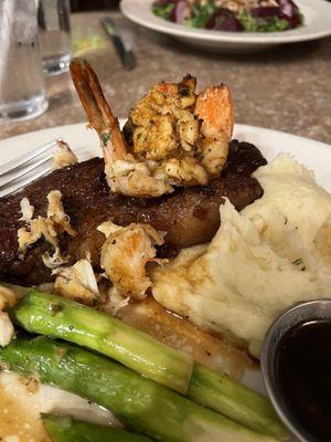 Jack Daniel's Strip Steak with Shrimp stuffed with Crab Meat and Homemade Mashed Potatoes/Asparagus