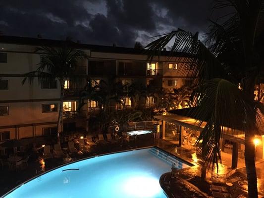 Pool area includes 5' deep pool, jacuzzi and kiddie pool. View from third floor room.