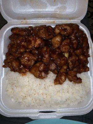 General Tso's Chicken- extra spicy with white rice. So good!