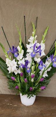 spring altar arrangement-- iris gladiolus and tulips