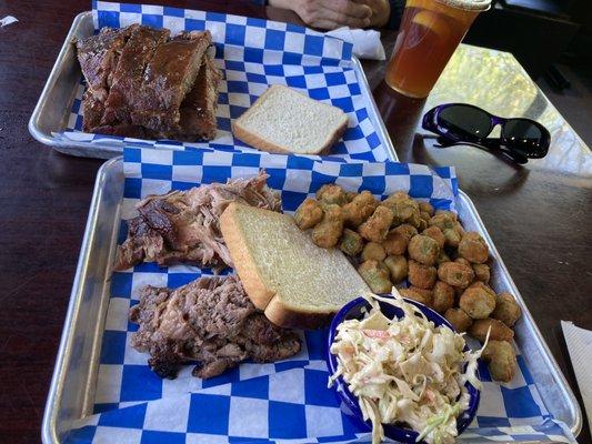 Plate with two side meats, beef and pork , okra and cole slaw,