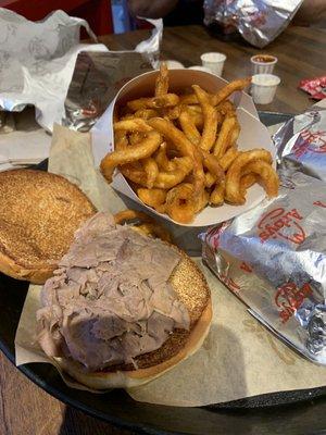 Regular roast beef sandwiches and curly fries