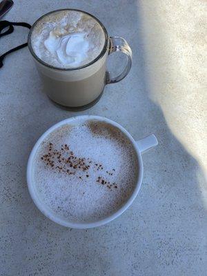 Chai latte with almond milk and a vanilla latte