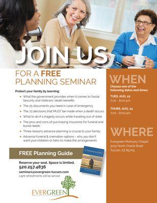 Join us for a free planning seminar this August. Learn more here www.evergreenmortuary-cemetery.com/seminar