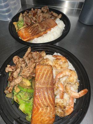 Salmon ,N.Y Steak , shrimp with steam rice vegetables plates