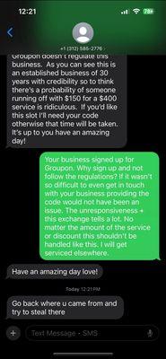 Text exchange with owner of the business (same phone number listed on yelp)