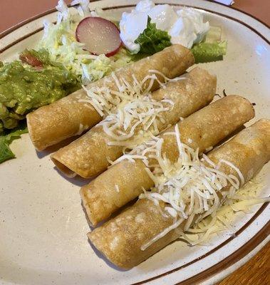 Chicken and beef taquitos.