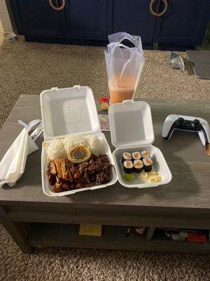 Teriyaki combo salmon roll and Thai bubble tea