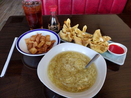 Egg drop soup (I added some soy sauce).. home made--fried noodles and crab Rangoon...yes, their Sweet Green Tea is fire