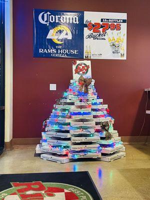 Rios pizza box Christmas tree - let's go LA Rams