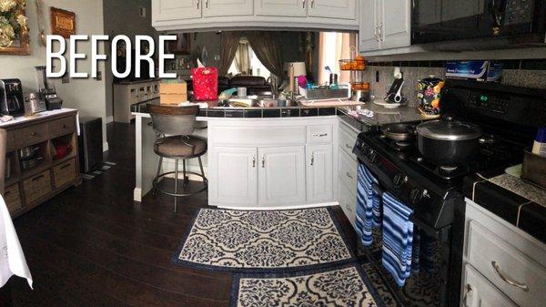 Before: crumbs on the floor, stove is dirty, dishes in the sink.