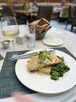 Chardonnay, Salmon and a caper sauce and greens