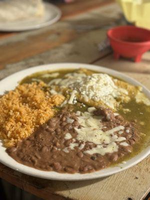 Green Enchiladas with rice and beans