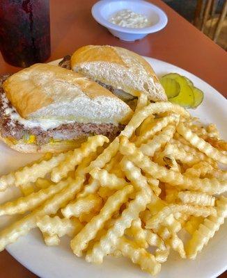 The French burger (like a Smitty), good beef patty, soft roll, flavorful, skinny krinkle cut but crispy. Good tarter too!