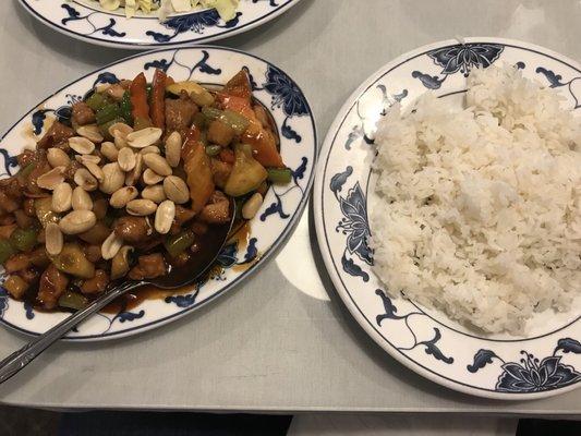 Kung Pow Chicken and steamed white rice