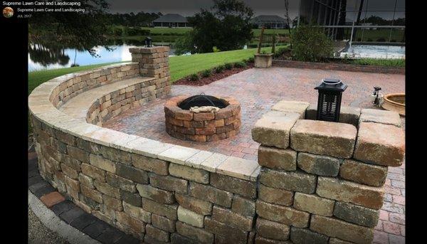 Custom Travertine and Paver Sitting Bench and Fire Pit