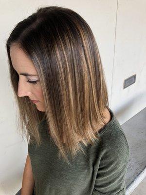 Root shadow brunette diffused highlights long bob