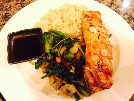 Grilled salmon with vegetables and brown rice around $28  *medium rare is suitable