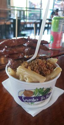 Mac and cheese with Crystal hot sauce and andouille sausage