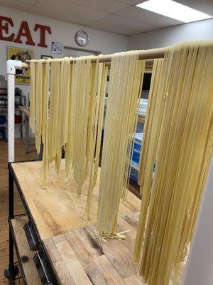 Fettuccine drying on a rack!