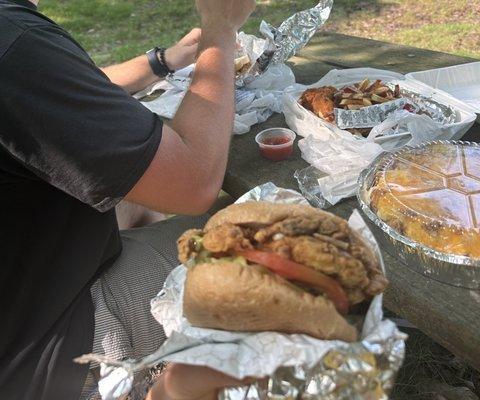 Soft shell sandwich, loaded tator tots, Fried Shrimp Platter