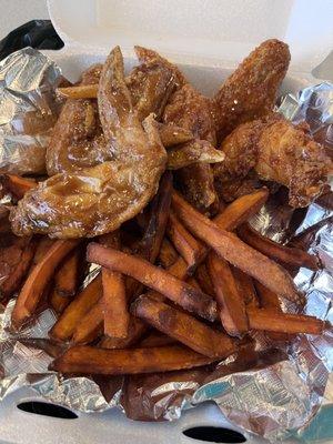 6 piece basket with sweet potato fries. Half bourbon / half sweet chili