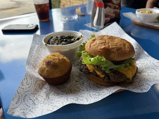 1/3rd pound cheeseburger with collard greens