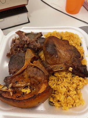 Rock hard pork chops, delicious pernil, rice