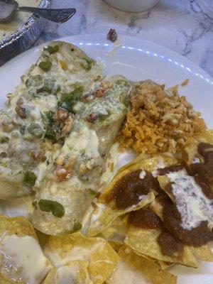 Plated chicken enchiladas, rice and chips with salsa and queso