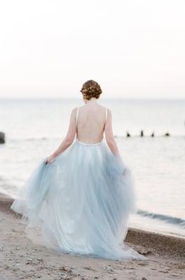 Isabelle - a beach wedding with this gorgeous open back wedding dress and blue/grey tulle skirt