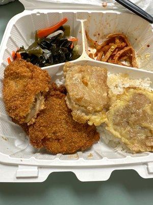 Fish Katsu and fish jun with seaweed salad and pickled daikon.