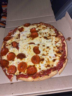 Half Thin Crust Cheese Pizza with 1/2 pepperoni. I love this pizza!