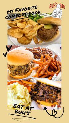 Daily specials - smoked and fried chicken sandwich, Brisket sandwich, and pulled pork sandwich