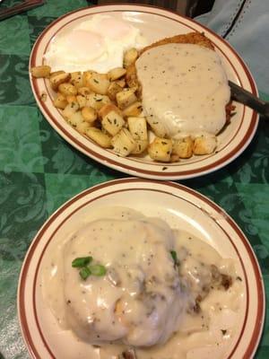 Country fried steak and eggs with biscuit and gravy