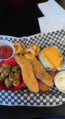 Fried fish and shrimp with baked potato and fried okra