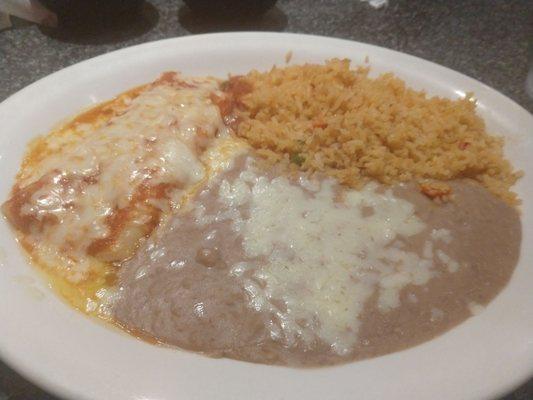 Lunch #4- cheese enchilada, rice, and beans.