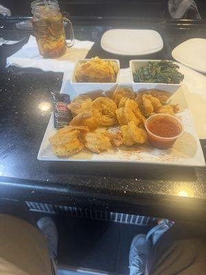 Jumbo Fried Shrimp With  Macaroni  and Cheese and  Greens also a Sweet Tea.