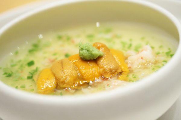 Savory Egg Custard: steamed egg custard, topped with uni, shrimp, okra, and wasabi