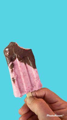 A delicious strawberry paleta. Made with fresh strawberries and dipped in chocolate, so good.