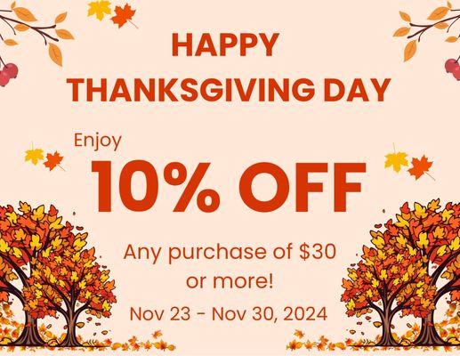 "Come join us for a 10% discount on Thanksgiving dining!"