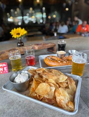 Pub pretzel with beer cheese and horseradish mustard and hot chips with homemade onion dip; both apps are EXCELLENT!